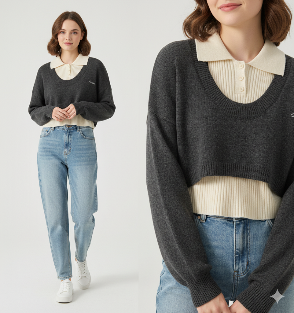 American Style Short Sweater Women's Autumn Winter Wear Two-Piece Set Knitted Sweater And Vest Top outfit knitted Pullover Shirt