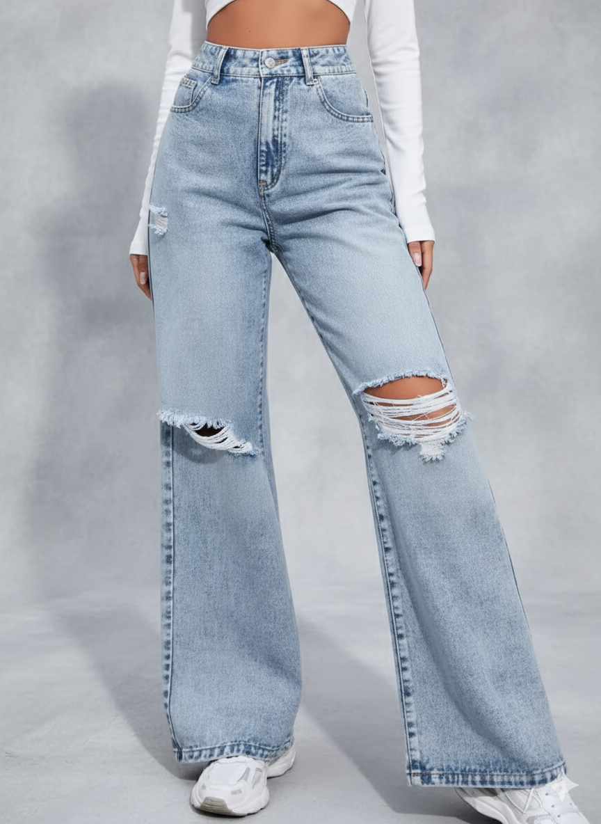 Edgy Distressed High-Waist Wide-Leg Jeans - Trendy Ripped Relaxed Denim Pants for Women, Boho Vintage Street Style & Everyday Co