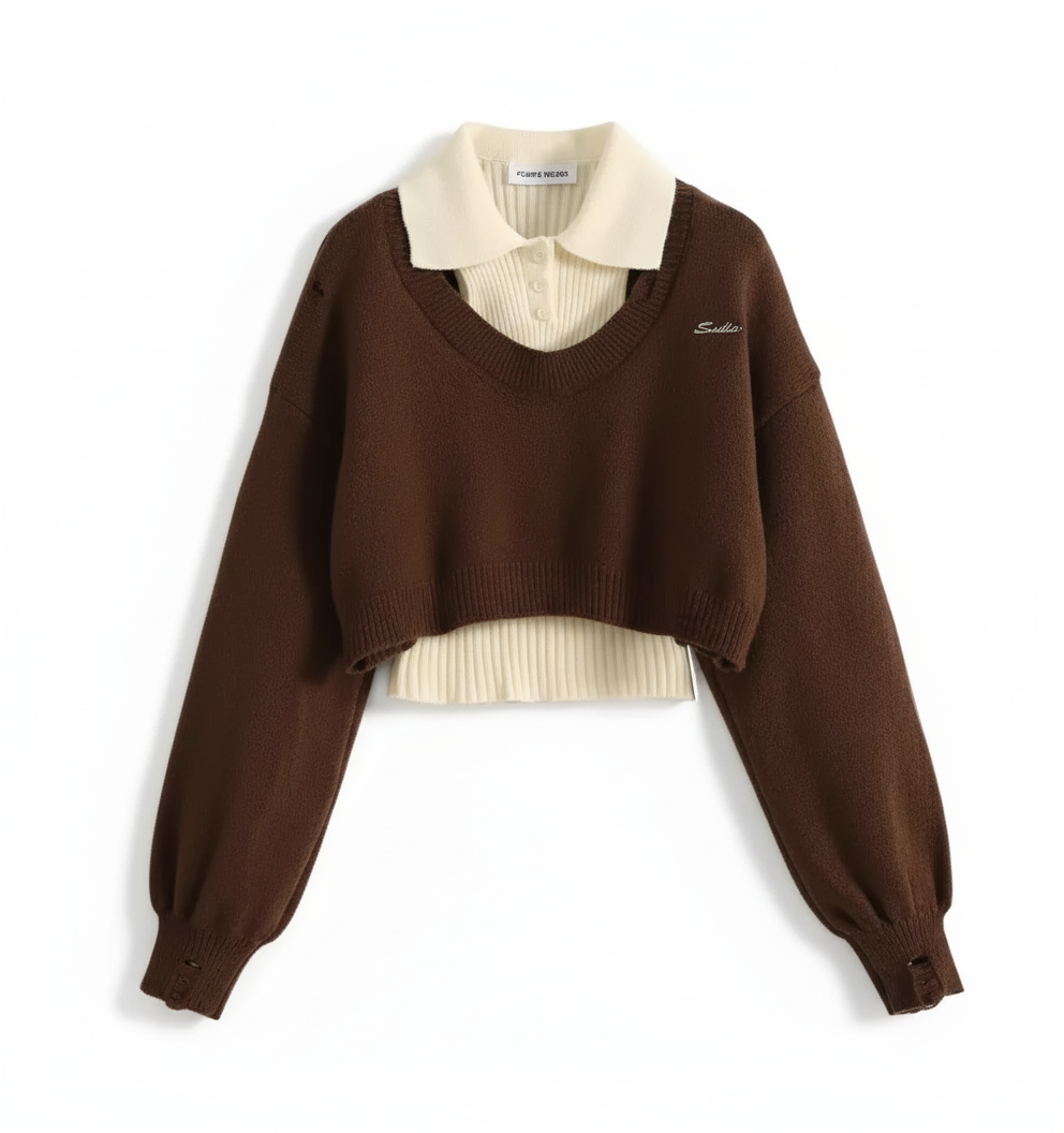 American Style Short Sweater Women's Autumn Winter Wear Two-Piece Set Knitted Sweater And Vest Top outfit knitted Pullover Shirt