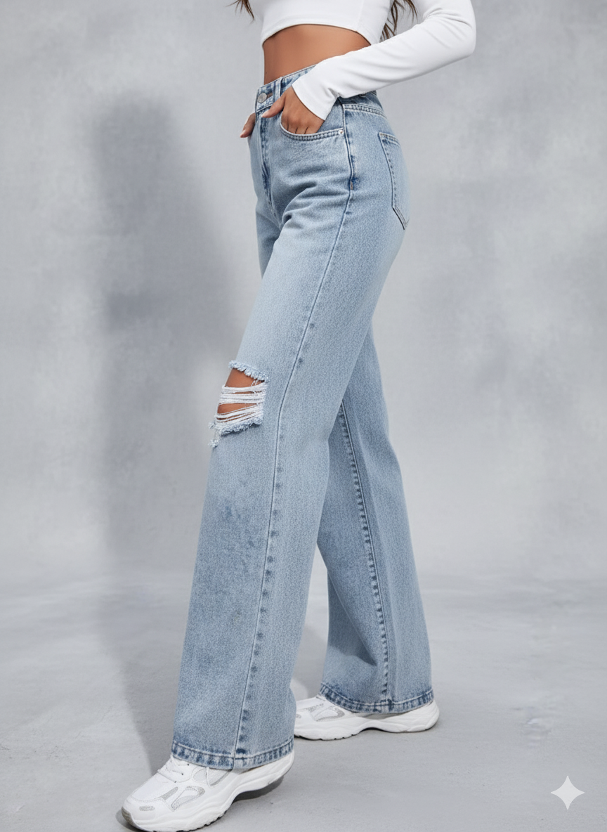 Edgy Distressed High-Waist Wide-Leg Jeans - Trendy Ripped Relaxed Denim Pants for Women, Boho Vintage Street Style & Everyday Co