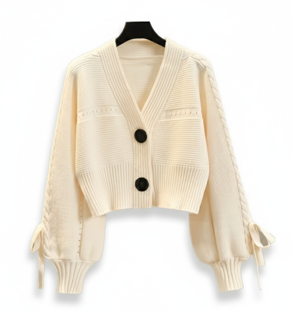 High-End Short Knitted Cardigan Women Autumn And Winter New Fashion V-Neck Lantern Sleeve Loose Sweater Coat Ladies Tops