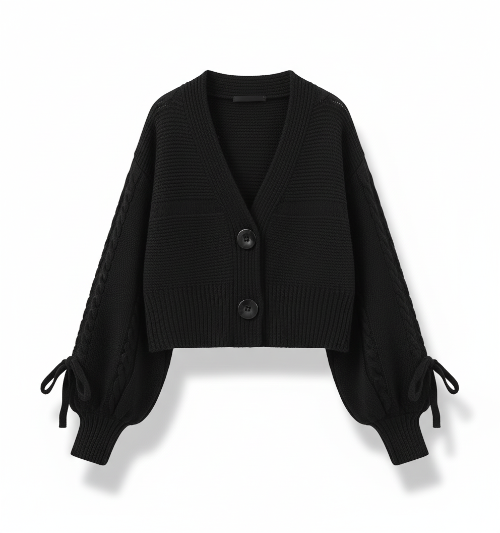 High-End Short Knitted Cardigan Women Autumn And Winter New Fashion V-Neck Lantern Sleeve Loose Sweater Coat Ladies Tops