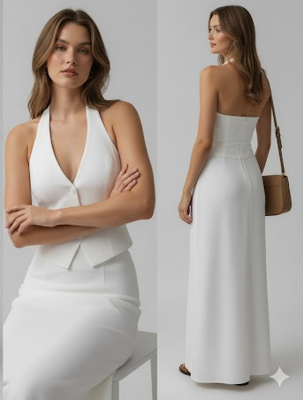 Women 2 Piece Summer Outfits Solid Color Button Halter Tops and Slit Long Skirt Set for Streetwear y2k Aesthetic Clothes