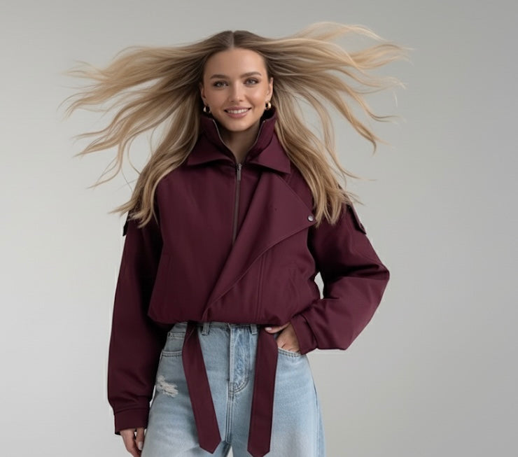 Fashion Wine Red Zipper Loose Overcoat Women