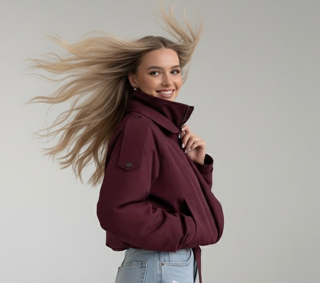 Fashion Wine Red Zipper Loose Overcoat Women