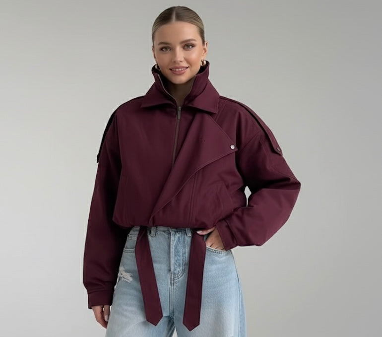 Fashion Wine Red Zipper Loose Overcoat Women