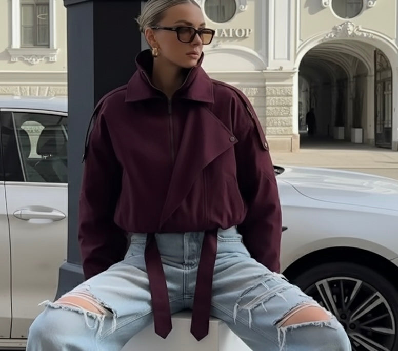 Fashion Wine Red Zipper Loose Overcoat Women