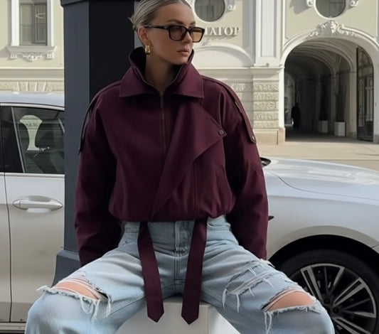 Fashion Wine Red Zipper Loose Overcoat Women