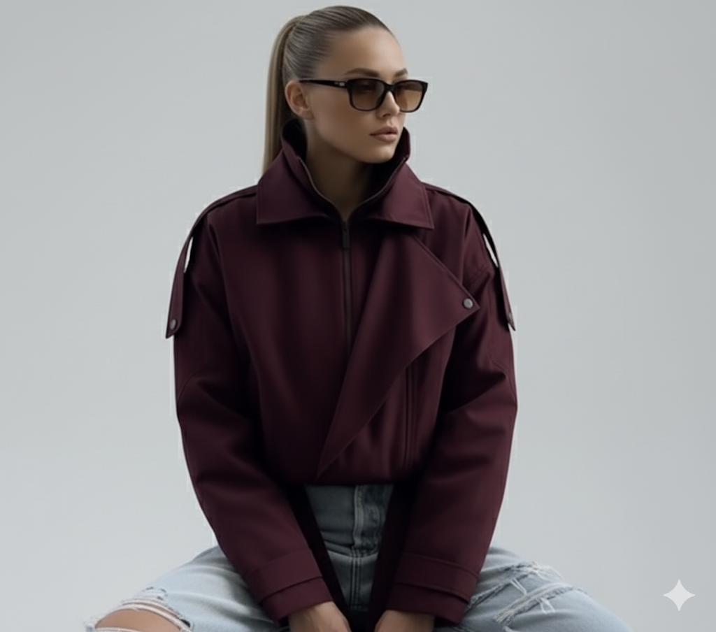 Fashion Wine Red Zipper Loose Overcoat Women