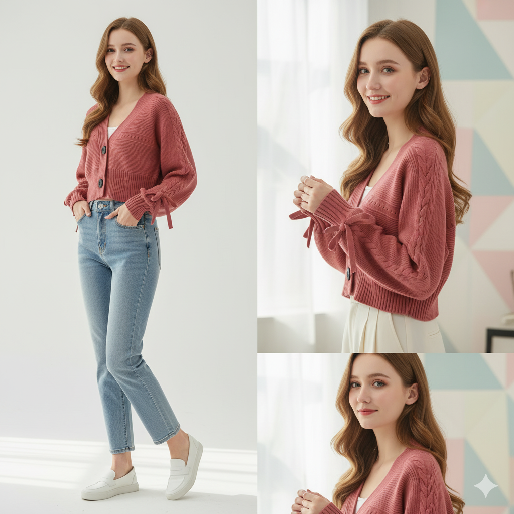 High-End Short Knitted Cardigan Women Autumn And Winter New Fashion V-Neck Lantern Sleeve Loose Sweater Coat Ladies Tops