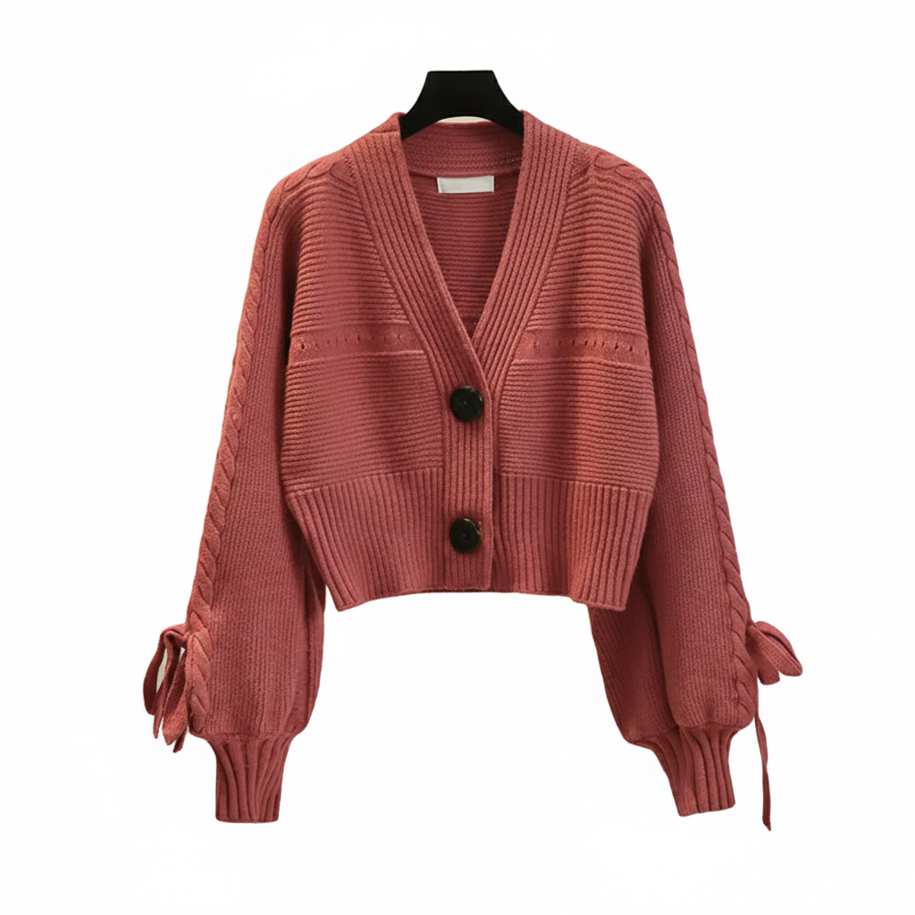 High-End Short Knitted Cardigan Women Autumn And Winter New Fashion V-Neck Lantern Sleeve Loose Sweater Coat Ladies Tops