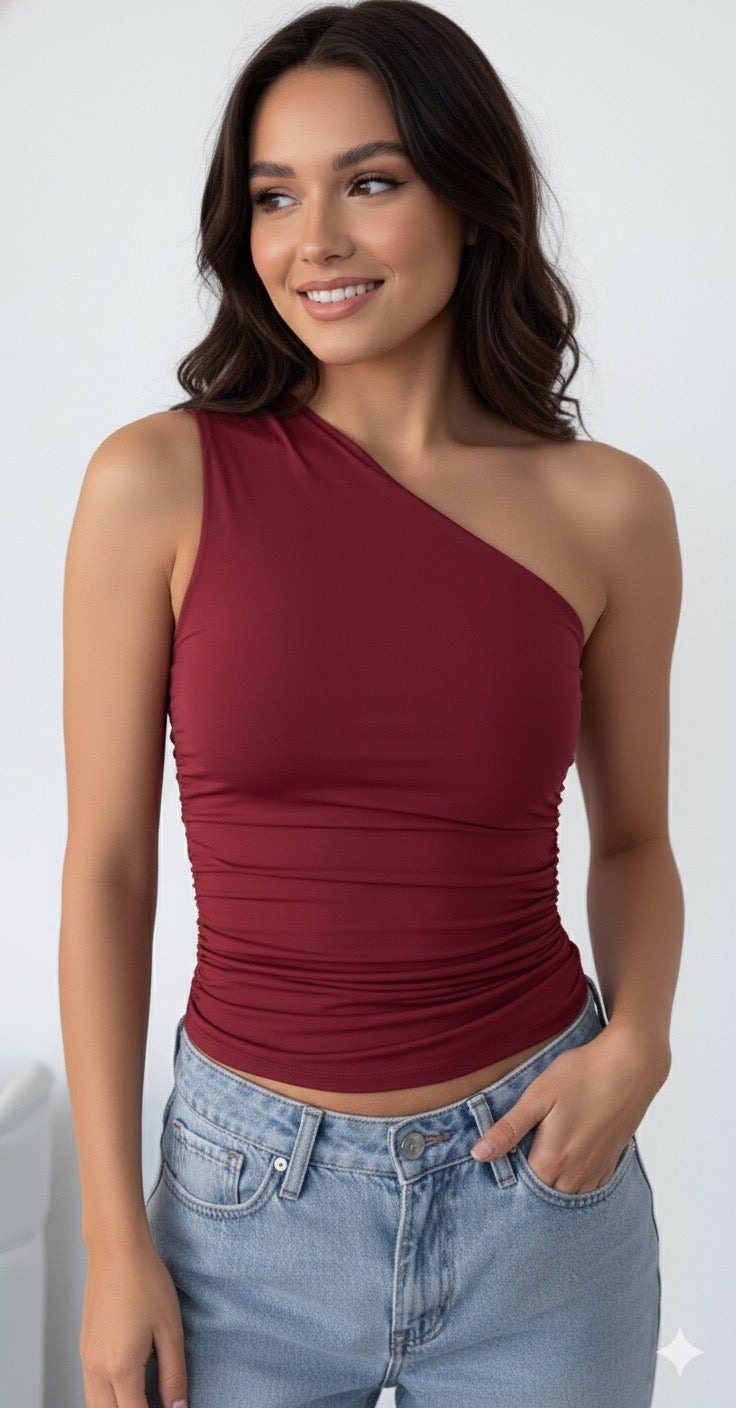 Solid Color One Shoulder Backless Shrink Tank Top T-Shirt Candy Color Tight Sexy Sleeveless Neckless Slim Casaul Top
