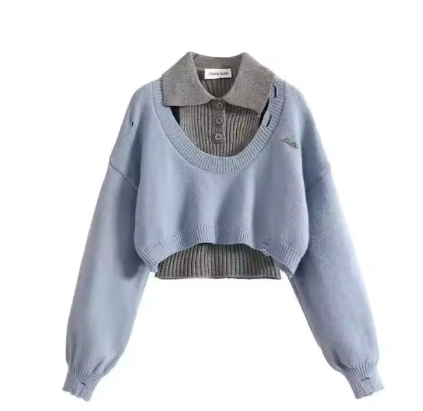 American Style Short Sweater Women's Autumn Winter Wear Two-Piece Set Knitted Sweater And Vest Top outfit knitted Pullover Shirt