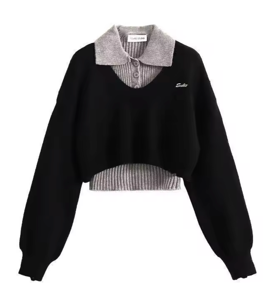 American Style Short Sweater Women's Autumn Winter Wear Two-Piece Set Knitted Sweater And Vest Top outfit knitted Pullover Shirt