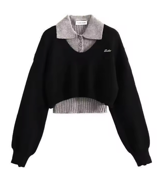 American Style Short Sweater Women's Autumn Winter Wear Two-Piece Set Knitted Sweater And Vest Top outfit knitted Pullover Shirt