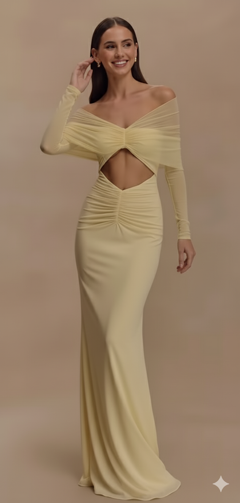 XIAOTANG Off-shoulder Hollow Out Sexy Maxi Dress Women Summer New Fashion Strapless Long Sleeve Ruched Club Party Long Dress
