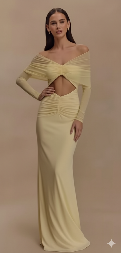 XIAOTANG Off-shoulder Hollow Out Sexy Maxi Dress Women Summer New Fashion Strapless Long Sleeve Ruched Club Party Long Dress